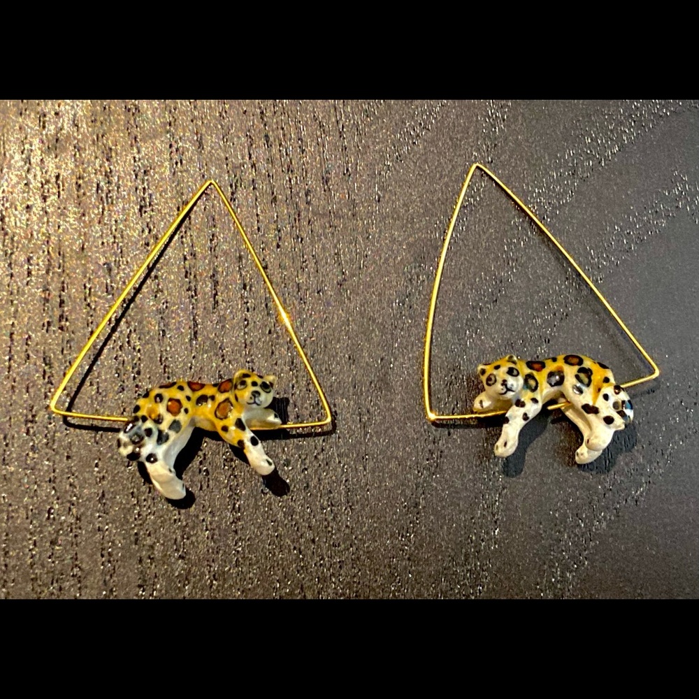 Unique Gold Hoop Earring with Porcelain Leopard